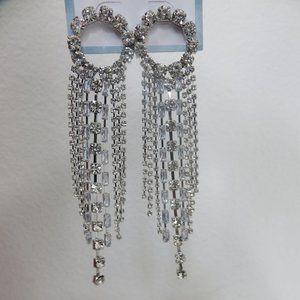 (#L-1) bebe Rhinestone Silver Tassel Drop Dangle Earrings